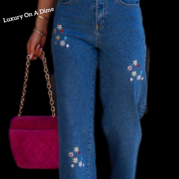 Retro High-Rise Embroidered Daisy Flower Straight Leg Hippie Cotton Denim Jeans - Picture 1 of 16